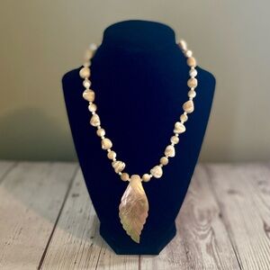 Shell Pendant And Beaded Necklace, 16” Long, Lobster Claw Clasp